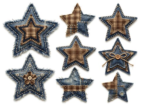 Set of decorative fabric stars made of denim and plaid textile patches with hand stitching and frayed edges isolated on white background