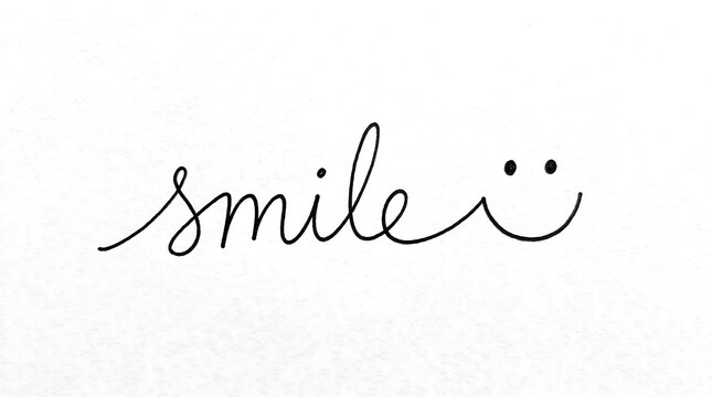 Minimalist handwritten smile text with smiley face, elegant cursive calligraphy on white background, positive quote for social media