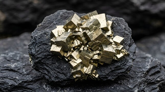 Shiny golden cubic pyrite crystals grow naturally in geometric clusters on a dark rough stone surface with bright crisp lighting