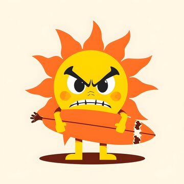 Angry 1930s cartoon sun holding a broken surfboard.