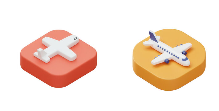 3d isometric icons of airplanes on square backgrounds isolated on transparent background