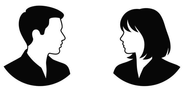 Two black silhouette profile of a man and a woman facing each other, representing communication, dialogue, conversation, and relationship concepts