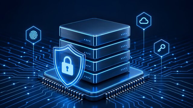 Secure database server stack protected by glowing padlock shield and biometric authentication icons for enterprise cybersecurity concept