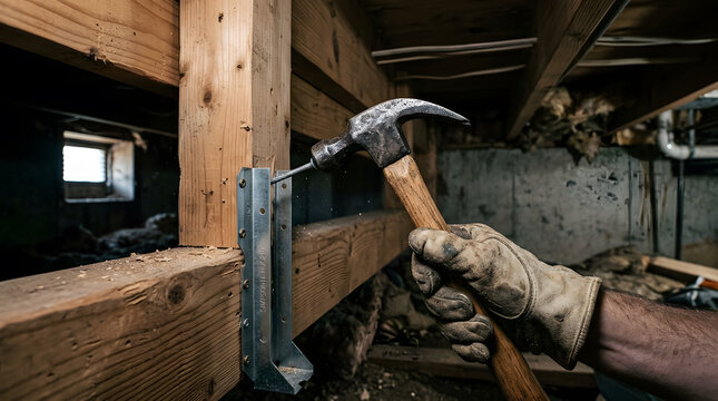 Carpenter driving nail into joist hanger in crawlspace | Home renovation structural repair with hammer and wood | Close up of construction worker hand using hammer on timber