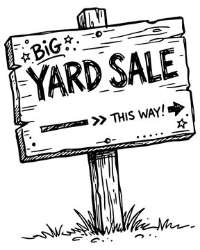 Cartoon illustration in black of a wooden Yard Sale sign with room for text, isolated 
