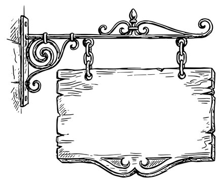 Illustration in black of a vintage wrought iron hanging signboard with room for text, isolated 