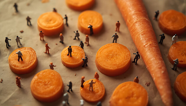 Miniature people working on orange carrot slices for food creative photography.
