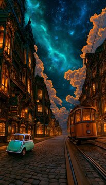 Whimsical Anime Style Painting of a Vintage Tram and Microcar on a Glowing European Street at Twilight