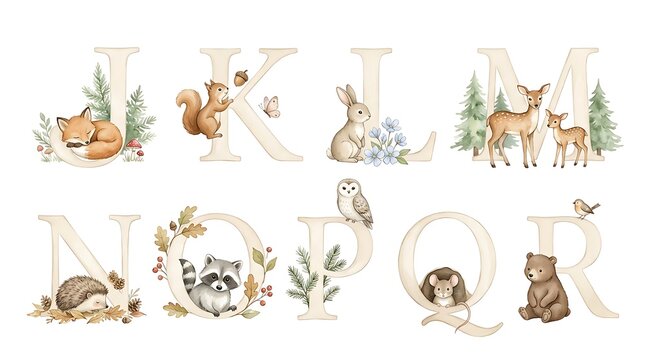Watercolor alphabet letters with cute woodland animals for nursery decor and invitations