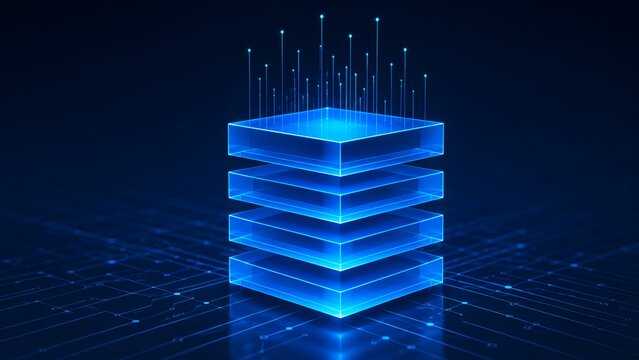 Conceptual layered architecture of artificial intelligence stack with glowing glass panels and digital circuit pathways