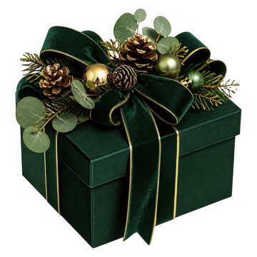 Christmas Golden Gift Box with Shiny Gold Ribbon and Bow, Festive Holiday Present for Christmas, Birthday, Anniversary and Winter Celebration Isolated on White Background