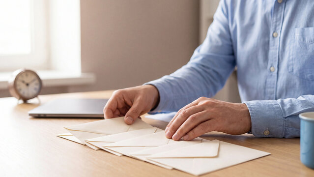 Business mail and envelope correspondence communication. Man arranging letter envelopes on office desk with laptop and clock for postal mailing, direct marketing, message and document delivery