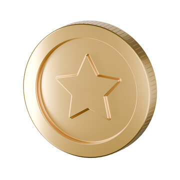 Golden coin with star symbol, detailed metallic surface and decorative ridged edge, isolated 3D render. Realistic luxury token for finance, reward, achievement, game currency.
