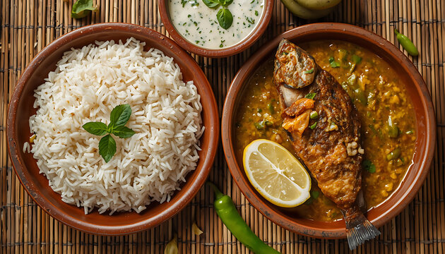 Traditional fish curry served with steamed white rice in ceramic bowls on mats.