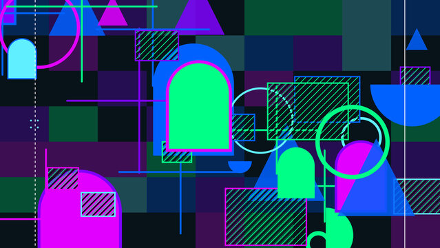 Abstract geometric background with neon shapes, vibrant digital pattern with circles and triangles, futuristic dark aesthetic