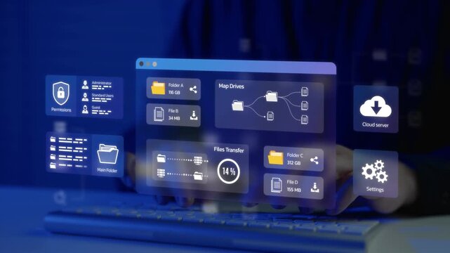 Managing cloud server data transfer and file system permission settings on a dashboard interface. Concept of document organization, network architecture, and database storage.