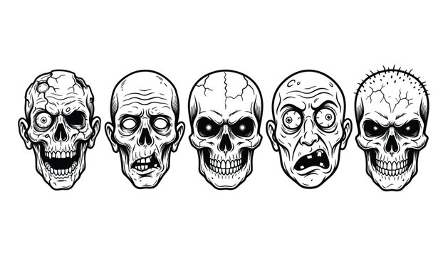 Creepy Zombie and Skull Head Line Art Set featuring Scary Dead Monster Faces for Halloween Party Posters Streetwear T-shirt Prints and Gothic Designs