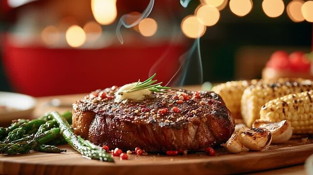 Grilled Steak With Garlic Butter And Fresh Vegetables On Wooden Plate, Oozing Flavor And Aroma