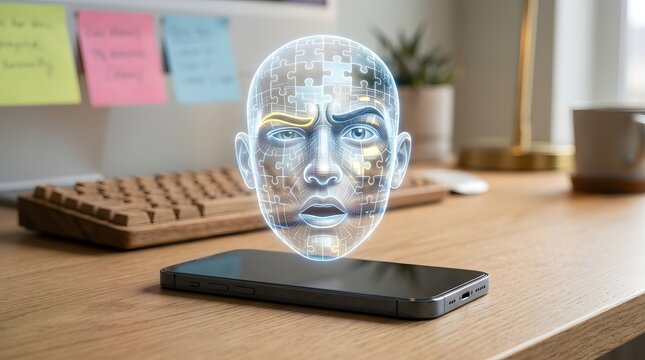 Glowing holographic human face assembled from intricate puzzle pieces projecting upward from a modern sleek black smartphone on wooden desk