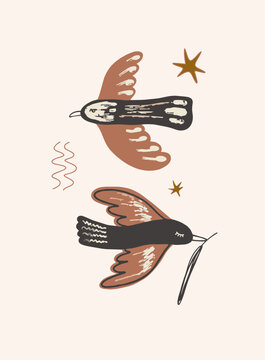 Two Birds Flying with Stars and Branch, Hand-Drawn Illustration