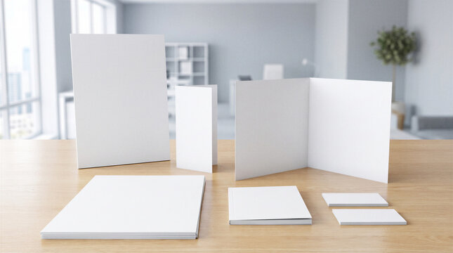 Blank stationery branding mockup with brochure, cards and paper sheets arranged on wooden office desk.
