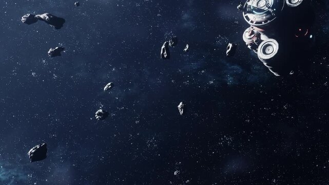 In a vast area of space, a spaceship is surrounded by multiple asteroids. The scene shows deep darkness with stars scattered in the background. It illustrates a moment of exploration in outer space.