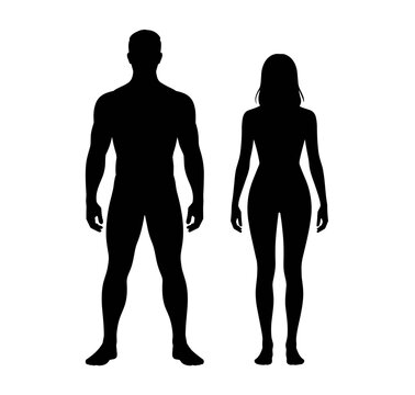 Full body black silhouettes of a standing man and a standing woman, side by side, isolated on a white background, representing gender, equality, and people