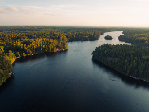 Aerial view of Siikajarvi lake surrounded by dense coniferous forests under soft golden hour light in Siikajarvi, Uusimaa, Finland.