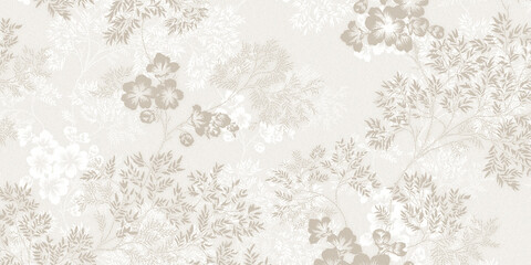 eamless warm beige background with a delicate taupe floral and leaf silhouette pattern. © kartik