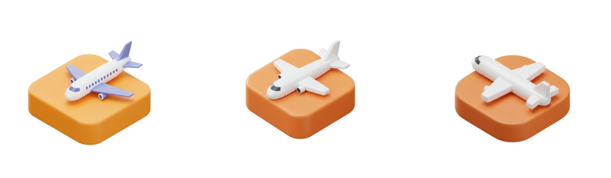 Three 3d airplane icons on orange square bases isolated on transparent background
