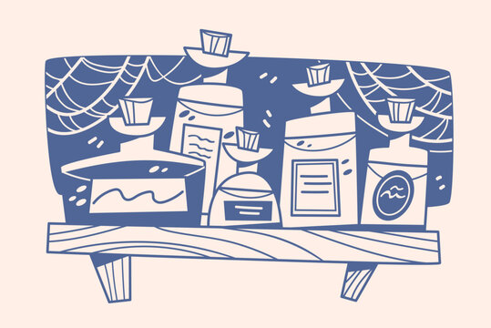 Potions shelf vector illustration with magic bottles, jars, and spider webs in line art doodle style