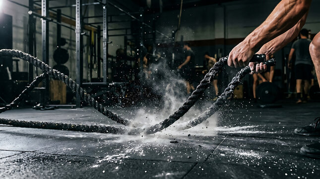Close-up action shot of a strong athlete working out hard with battle ropes inside a dark gym workout fitness trai
