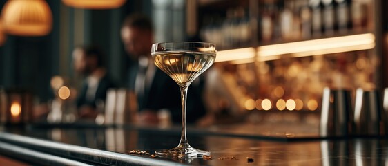 Plakat Sophisticated nightlife indulgence a crystal coupe glass rests on a sleek marble bar, bathed in warm golden bokeh. Bartender blurred behind. Perfect for premium hospitality, cocktail.