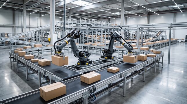 Automated Warehouse Robotic Arms Sorting Packages on Conveyor Belts in a Modern Distribution Center