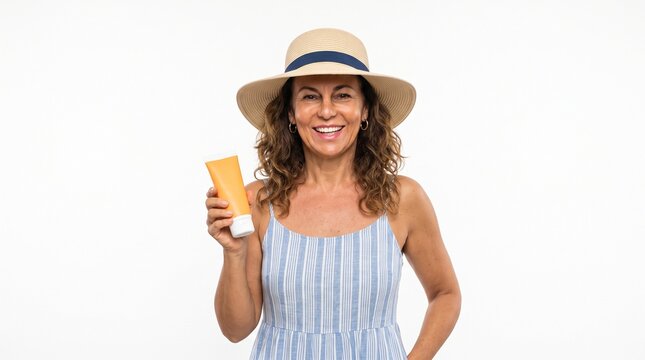 Smiling woman in sun hat holding sunscreen tube for sun protection