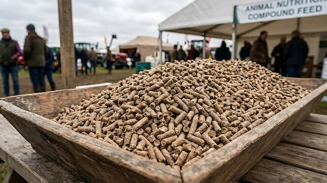 Animal feed pellets in rustic wooden trough at agricultural event