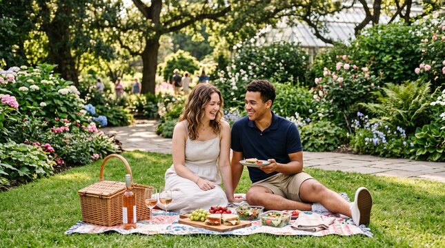 Young couple enjoying a romantic picnic lunch in a lush botanical garden surrounded by blooming flowers and trees