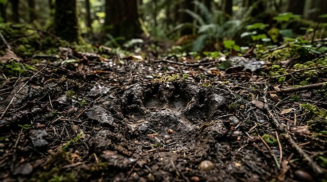Animal paw print impressed into damp forest floor mud and moss