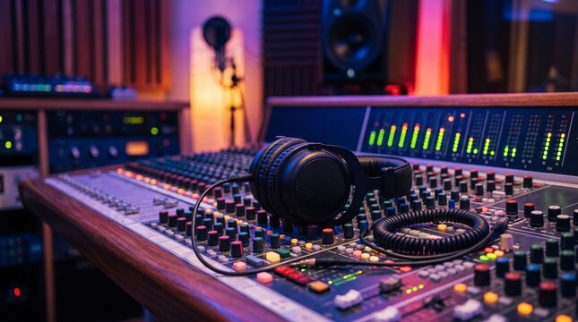 Professional audio mixing console with headphones and VU meters in a recording studio
