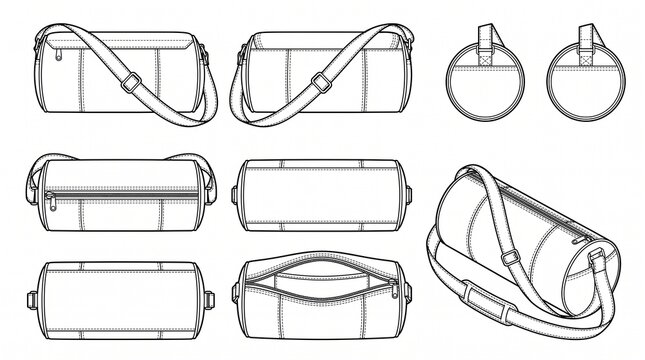 Duffel Bag Technical Flat Sketch Vector Template, Gym Barrel Bag Pack with Multi-Angle Views for Fashion Design