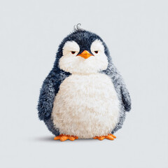 Fototapeta premium Cute fluffy penguin character with a grumpy expression standing against a plain background