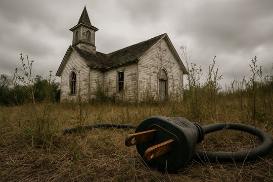 Rundown Old Church in the weeds with a large power cord in the foreground