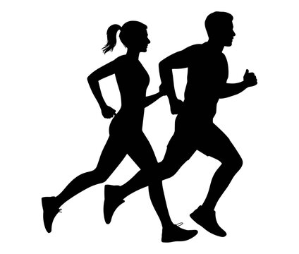A black silhouette of a man and a woman running together, side by side, showing active fitness movement, isolated on a white background, for sports use