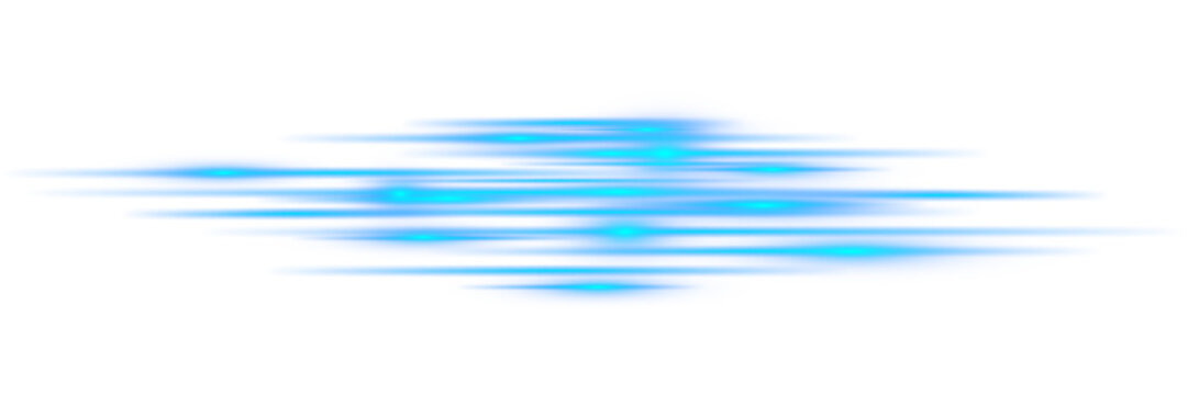 Blue glowing motion blur light streaks and neon beam rays creating a futuristic abstract speed effect isolated on transparent PNG background