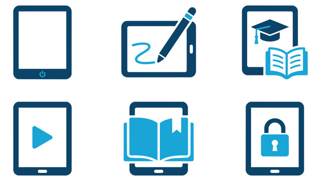 Set of blue tablet and ebook education icons illustrating digital learning and mobile technology applications with e learning education learning