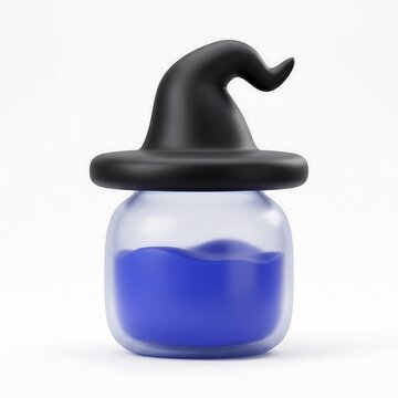 3D magic potion bottle with blue liquid and black witch hat isolated on white background glass jar halloween