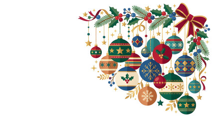 Fototapeta premium Christmas graphic border made of colorful Christmas baubles, elegant flat vector style, balanced festive composition, pure white background, no text