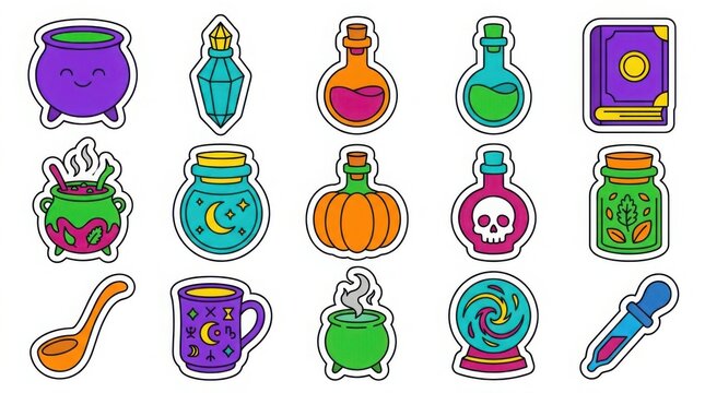 Witch potion and magic spell sticker set