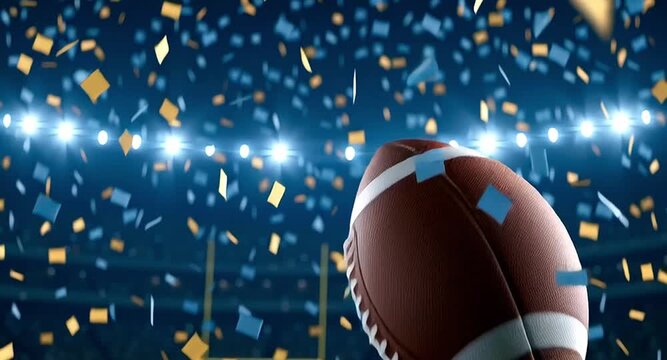 Slow motion american football ball spinning and falling onto the green grass of a stadium at night. Confetti is raining down from above after a championship victory celebration