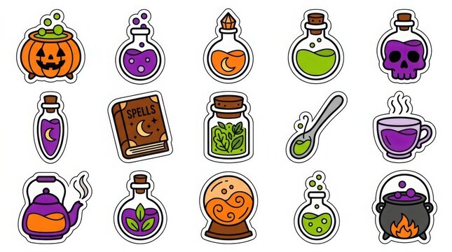 Halloween potion sticker set with magic bottles and cauldron icons